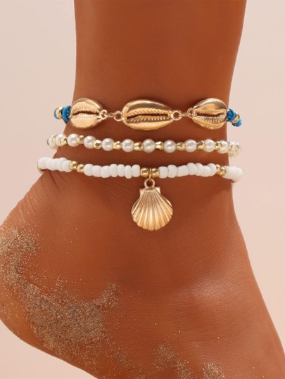 SHEIN - 3 Piezas/set De Pulseras Tobilleras De Estilo Bohemio De Cuentas De Semillas Azules Y Conchas Cowrie De Moda