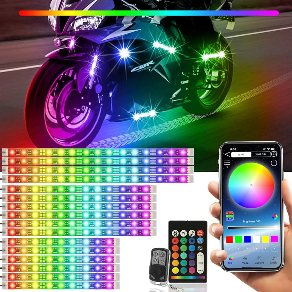 SUNPIE - 12-Piece RGB Motorcycle LED Light Kit with Remote & App Control