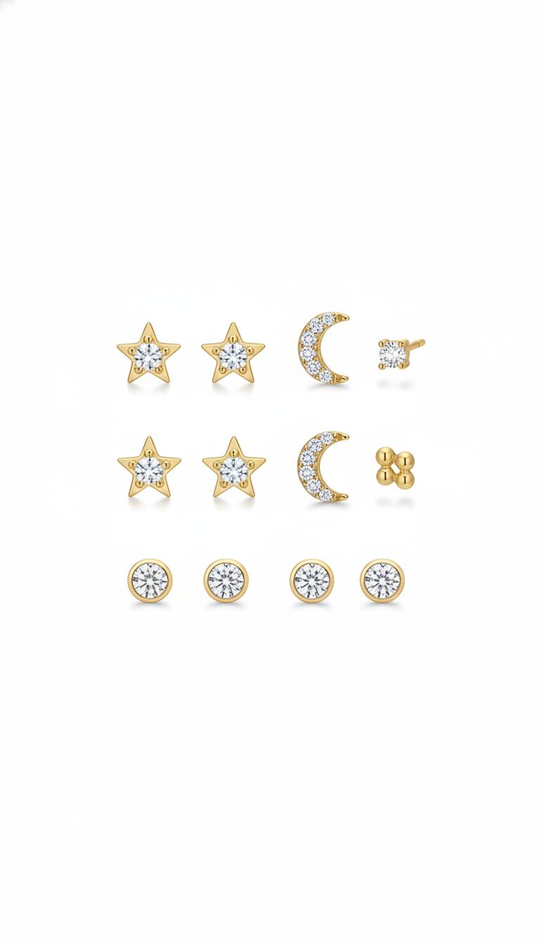 Star And Moon Celestial Motif Studs Set