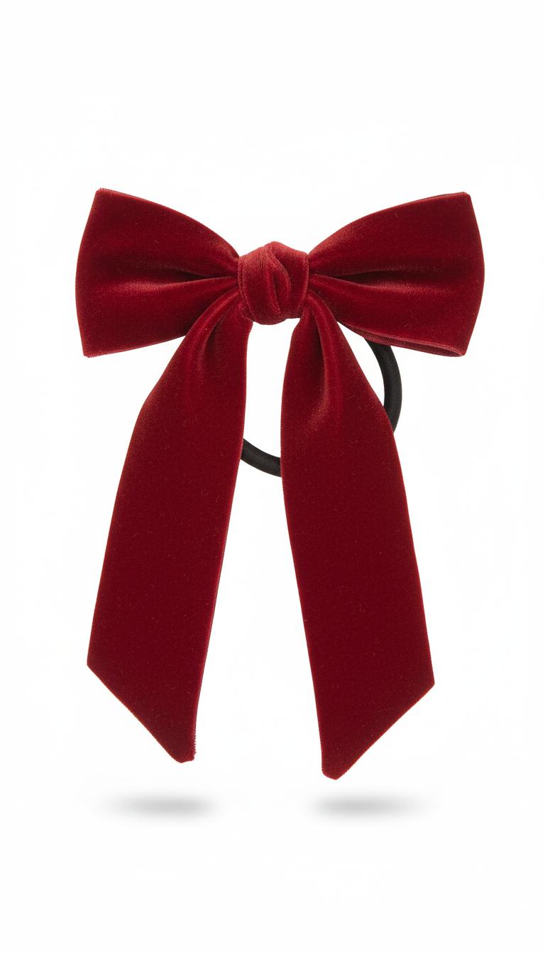 Red Velvet Long Tail Romantic Accent Bows Hair Ties